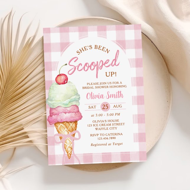 Invitación Pink Ice Cream Bow Gingham Bridal Shower (Subido por el creador)