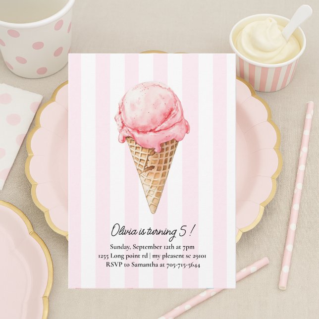Invitación Pink Ice Cream Cone Birthday | Editable Summer (Subido por el creador)