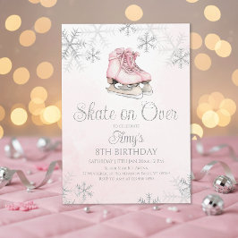 Invitación Pink Ice Skating Silver Glitter Snowflake Birthday