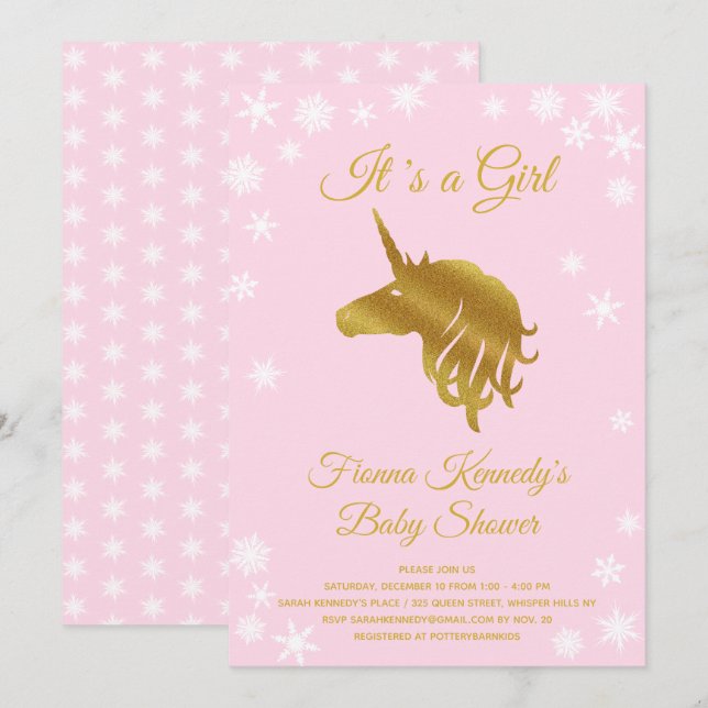 Invitación Pink It's a Chica Unicorn Winter Baby Shower (Anverso / Reverso)