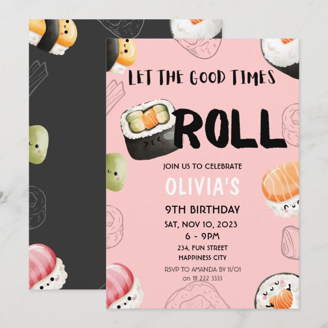 Invitación Pink Kawaii Sushi Sashimi Chica Niños Adultos Cump (Anverso / Reverso)