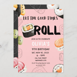 Invitación Pink Kawaii Sushi Sashimi Chica Niños Adultos Cump