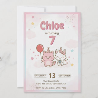 Invitación Pink Kitty Birthday Party for Girls Cute Kawaii