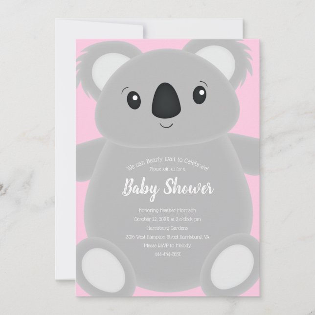 Invitación Pink Koala Bear Baby Shower (Anverso)