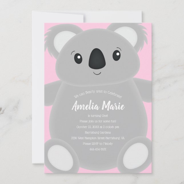 Invitación Pink Koala Bear Birday Party (Anverso)