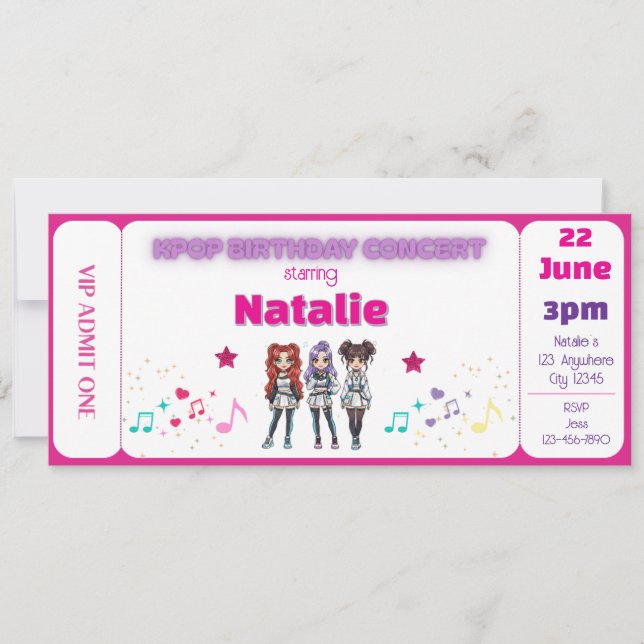 Invitación Pink KPOP Birthday Concert Ticket (Anverso)