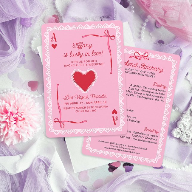 Invitación Pink Lace Ace of Hearts Lucky in Love Bachelorette (Subido por el creador)