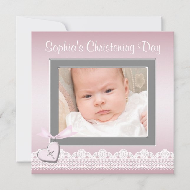 Invitación Pink Lace Baby Photo Christening (Anverso)
