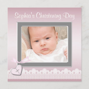 Invitación Pink Lace Baby Photo Christening