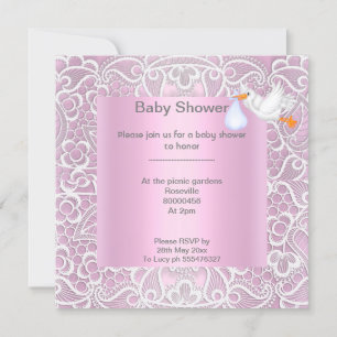 Invitación Pink lace elegante bebé cigüeña