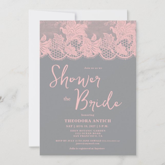 Invitación Pink Lace Grey Bridal Shower Invitation (Anverso)