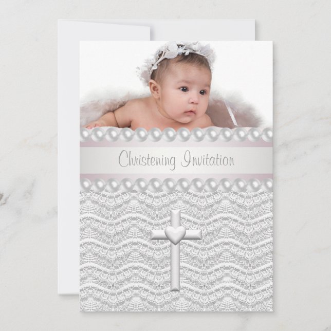 Invitación Pink Lace Pearl Cross Baby Girl Foto Christening (Anverso)