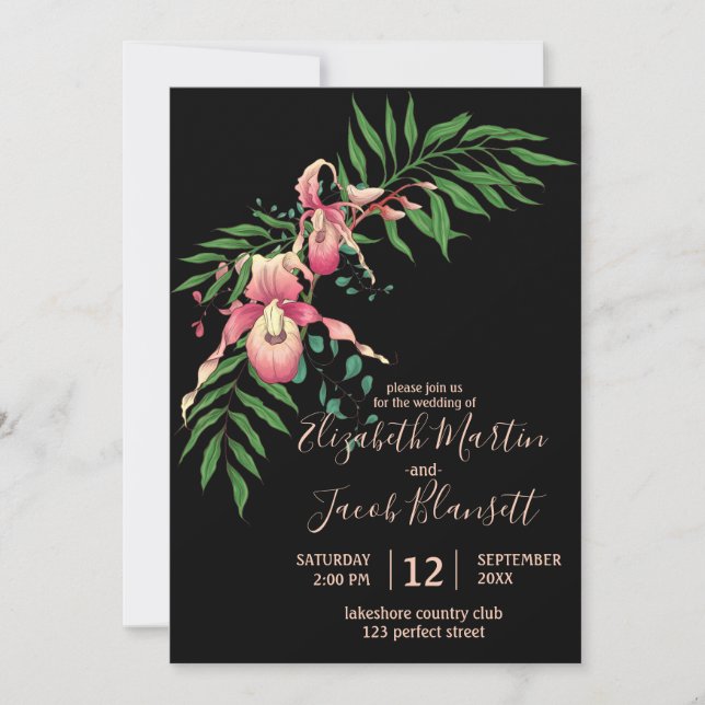 Invitación Pink Lady Slipper Orchid Black Boda (Anverso)