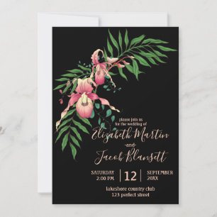 Invitación Pink Lady Slipper Orchid Black Boda