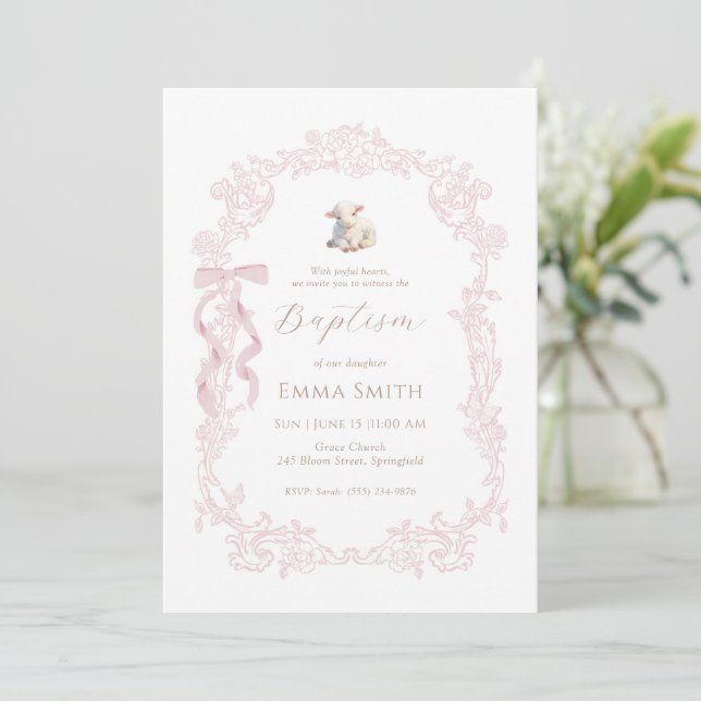 Invitación Pink Lamb Elegant Christian Girl Baptism (Anverso de pie)