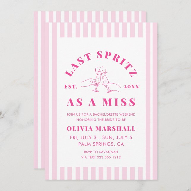 Invitación Pink Last Spritz as a Miss Bachelorette Weekend (Anverso / Reverso)