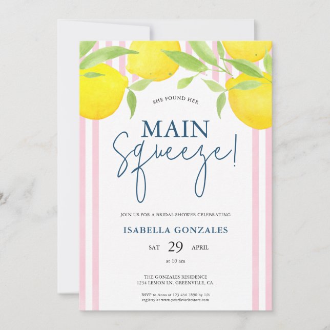 Invitación Pink Lemon Main Squeeze Bridal Shower (Anverso)