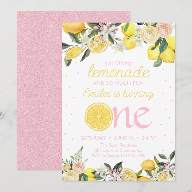 Invitación Pink Lemonade Floral First Birday Sunshine (Anverso / Reverso)