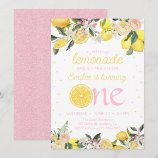 Invitación Pink Lemonade Floral First Birday Sunshine