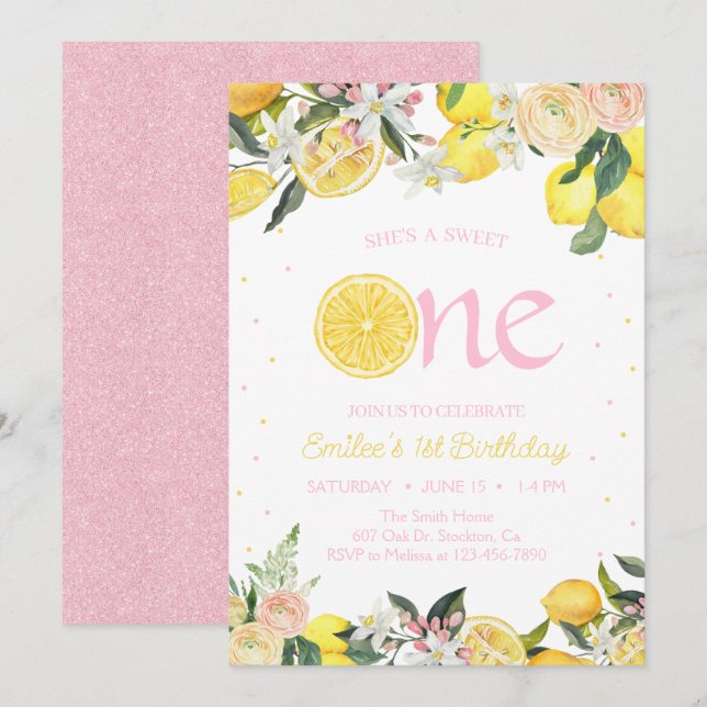 Invitación Pink Lemonade Floral First Birday Sunshine (Anverso / Reverso)