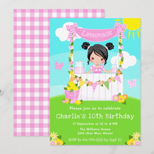 Invitación Pink Lemonade Stand Birday Black Hair Chica (Anverso / Reverso)