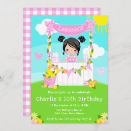 Invitación Pink Lemonade Stand Birday Black Hair Chica