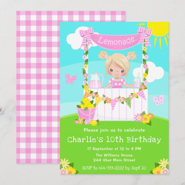 Invitación Pink Lemonade Stand Birday Blonde Hair Chica (Anverso / Reverso)