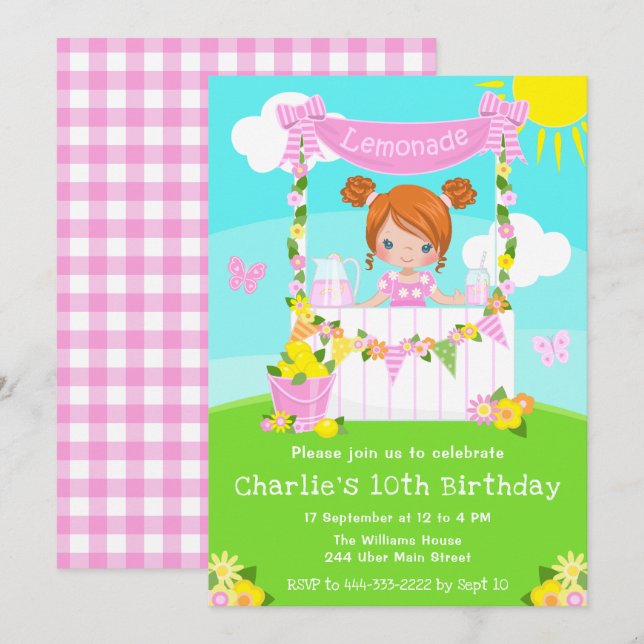 Invitación Pink Lemonade Stand Birday Red Hair Chica (Anverso / Reverso)