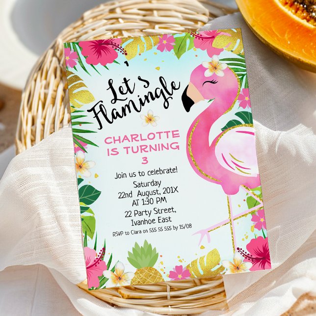 Invitación Pink Let's Flamingle Floral Foliage Cumpleaños (Flamingo Birthday Invitation Template Instant Download Printable, Let's Flamingle Birthday Invite)