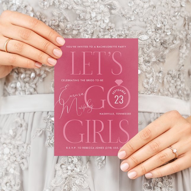 Invitación Pink Lets Go Chicas Bachelorette Party (Modern girly pink Let's Go Girls country western bachelorette party invitation)