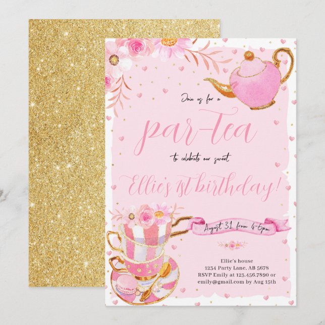 Invitación Pink Let's Par-tea Tea Birthday Party (Anverso / Reverso)