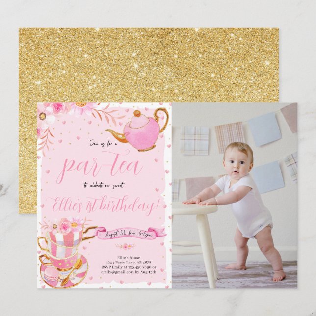 Invitación Pink Let's Par-tea Tea Birthday Party Foto (Anverso / Reverso)
