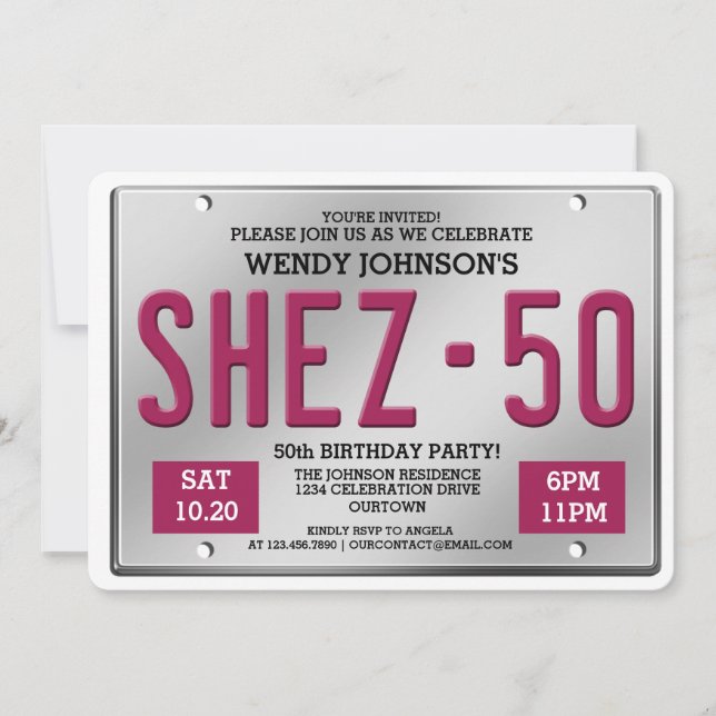 Invitación Pink License Plate 50th Birthday Party Invitacione (Anverso)