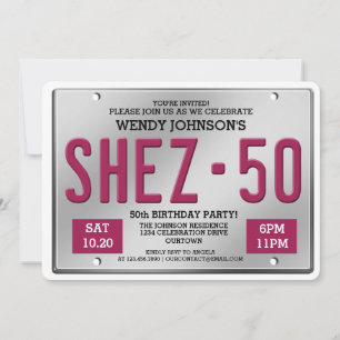 Invitación Pink License Plate 50th Birthday Party Invitacione
