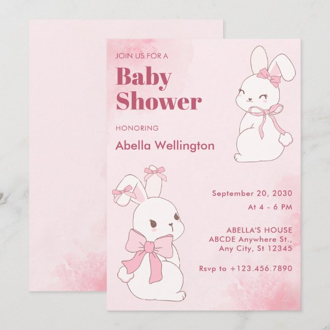 Invitación Pink lindo conejo conejo ducha bebé (Anverso / Reverso)