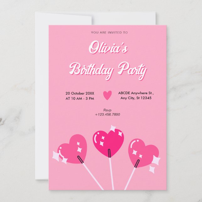 Invitación Pink lindo corazón dulce cumpleaños (Anverso)