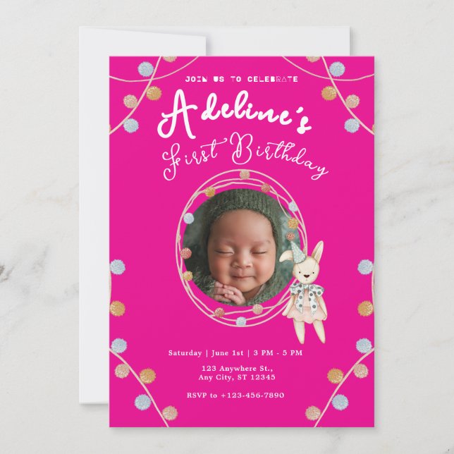 Invitación Pink lindo cumpleaños de niños (Anverso)