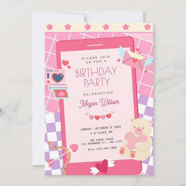 Invitación Pink lindo cumpleaños juguetón (Anverso)
