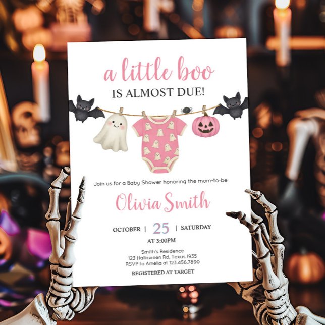 Invitación Pink Little Boo Clothesline Baby Shower (Pink Little Boo Halloween Clothesline Baby Shower Invitation)