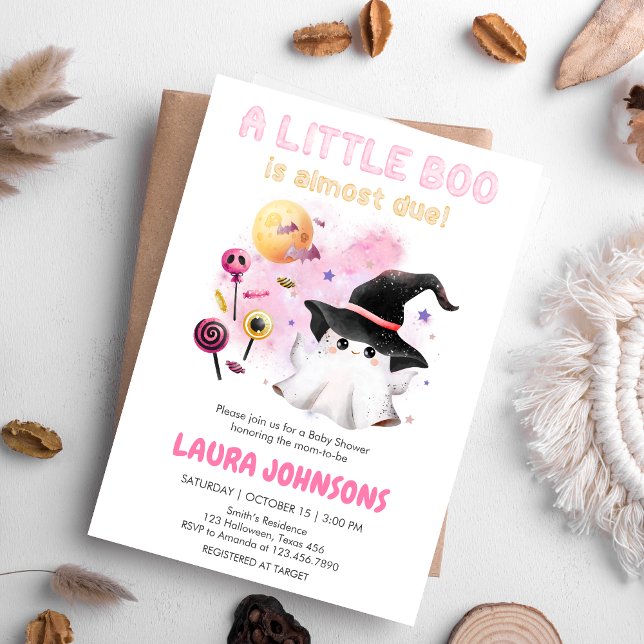 Invitación Pink Little Boo Ghost Witch Baby Shower (Little Boo Halloween Baby Shower Invitation)