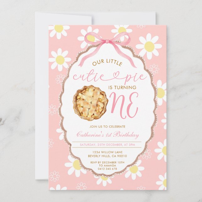 Invitación Pink Little Cutie Pie First Birthday Daisy Floral (Anverso)
