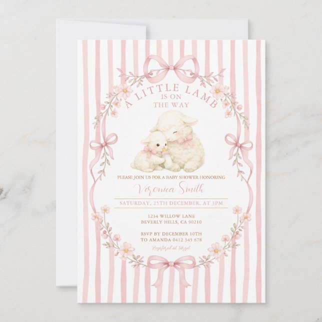 Invitación Pink Little Lamb Baby Shower Stripes Invitation (Anverso)