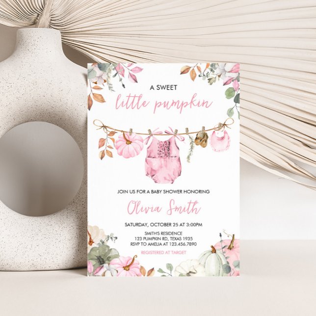 Invitación Pink Little Pumpkin Fall Autumn Baby Shower  (Pink Little Pumpkin Fall Clothesline Baby Shower Invitation)