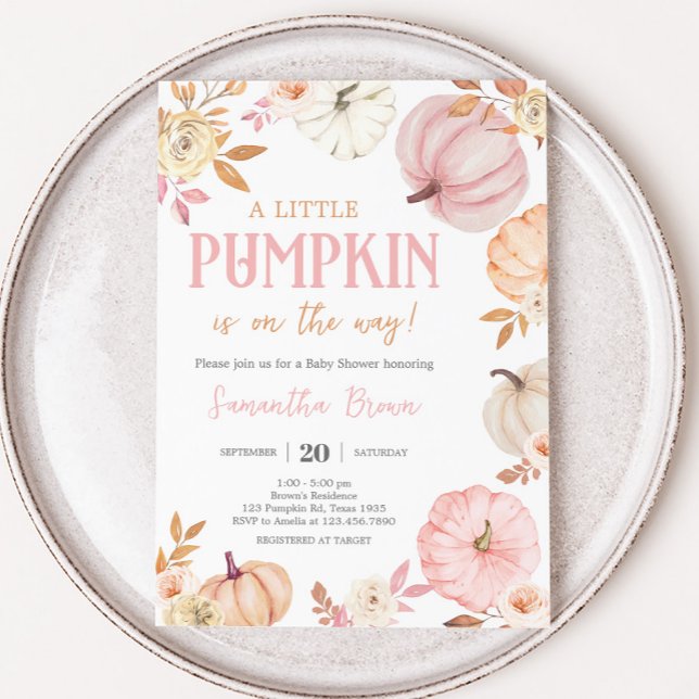 Invitación Pink Little Pumpkin Fall Baby Shower (Girl Little Pumpkin Fall Baby Shower Invitation)