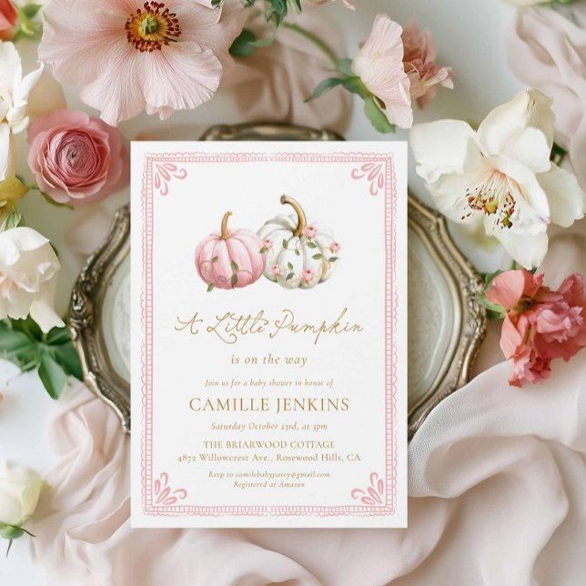 Invitación Pink Little Pumpkin Girl Baby Shower (Elegant Pink Pumpkin Fall Girl Baby Shower Invitation)