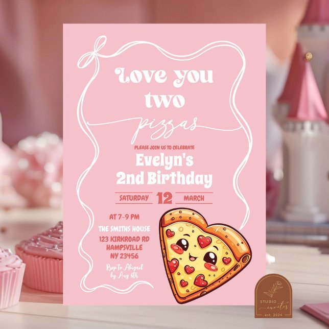 Invitación Pink Love You Two Pizzas Bow Second Birday Party (Subido por el creador)