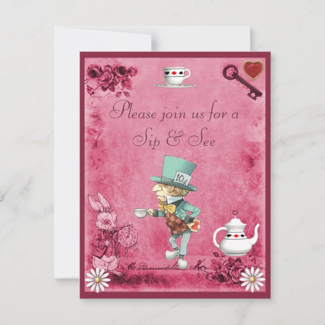 Invitación Pink Mad Hatter Sip y ver Baby Shower (Anverso)