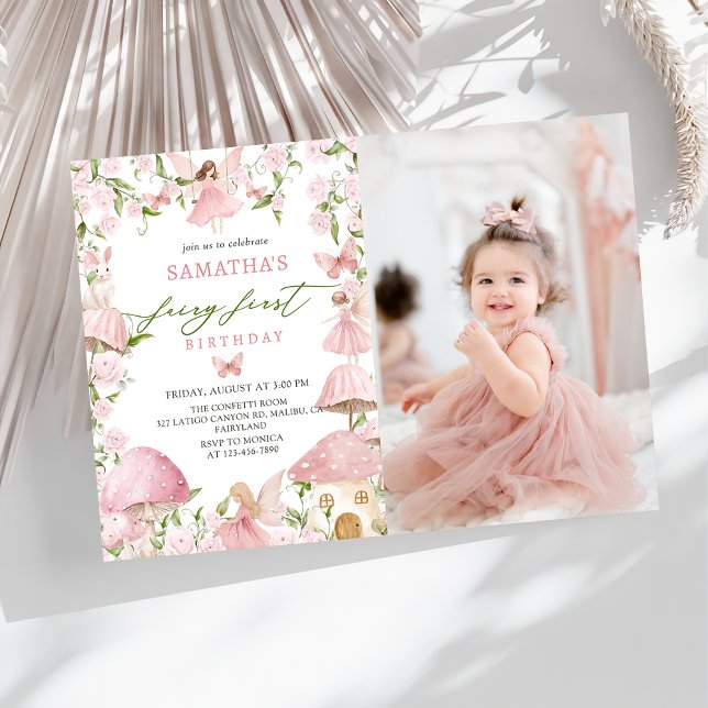 Invitación Pink  Magical Forest Fairy First Birthday Photo (Subido por el creador)