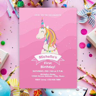 Invitación Pink Magical Rainbow Unicorn Baby Primer Cumpleaño