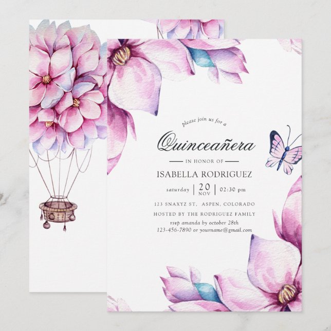 Invitación Pink Magnolia Floral Quinceañera (Anverso / Reverso)